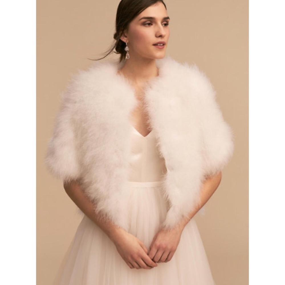Ivory feathered jacket great for winter wedding!